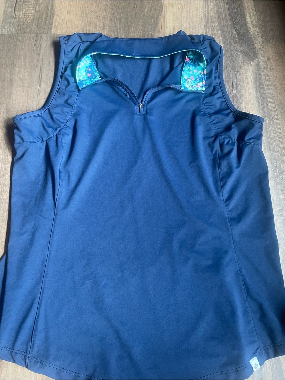 Lady Hagen Navy Athletic Tank with Floral Collar Accent